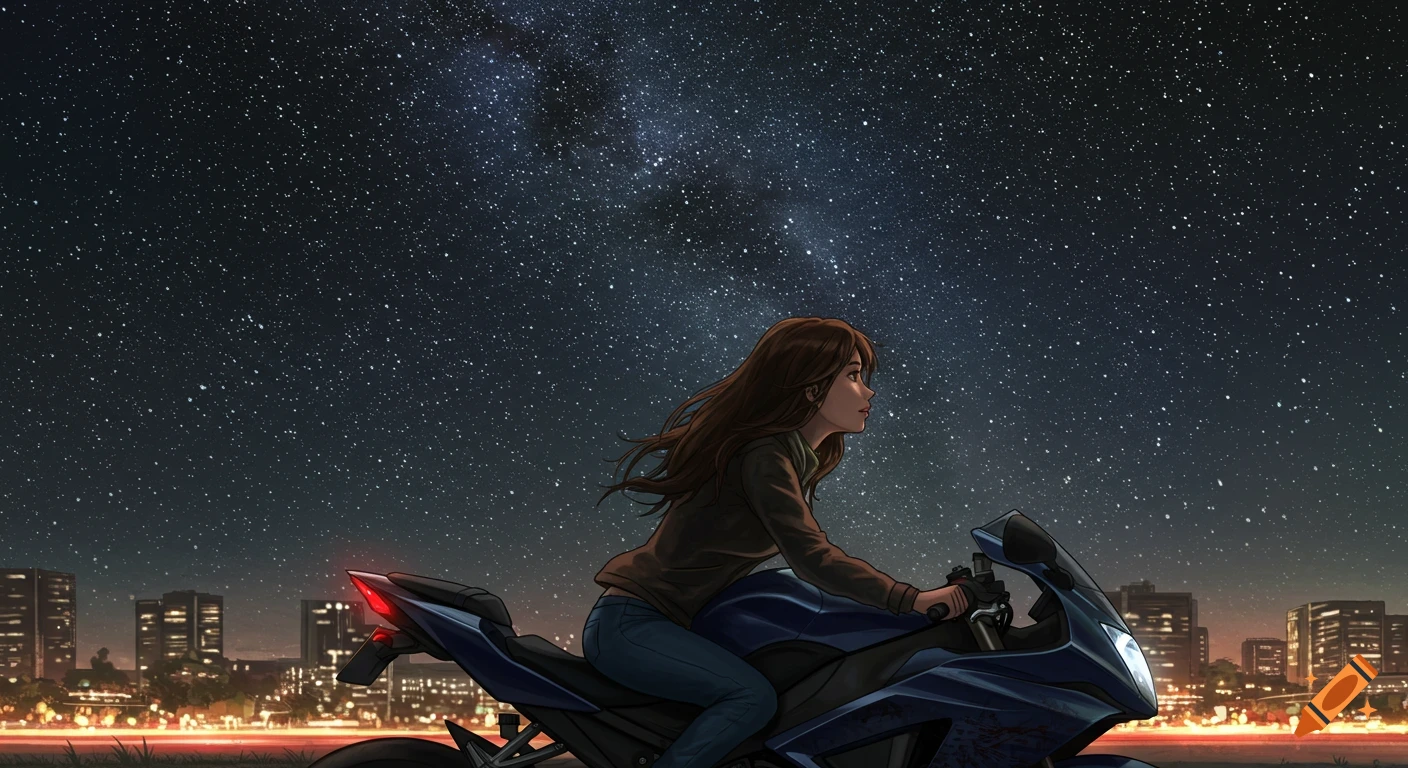 A woman is riding a motorcycle under a starry night sky with a city skyline.