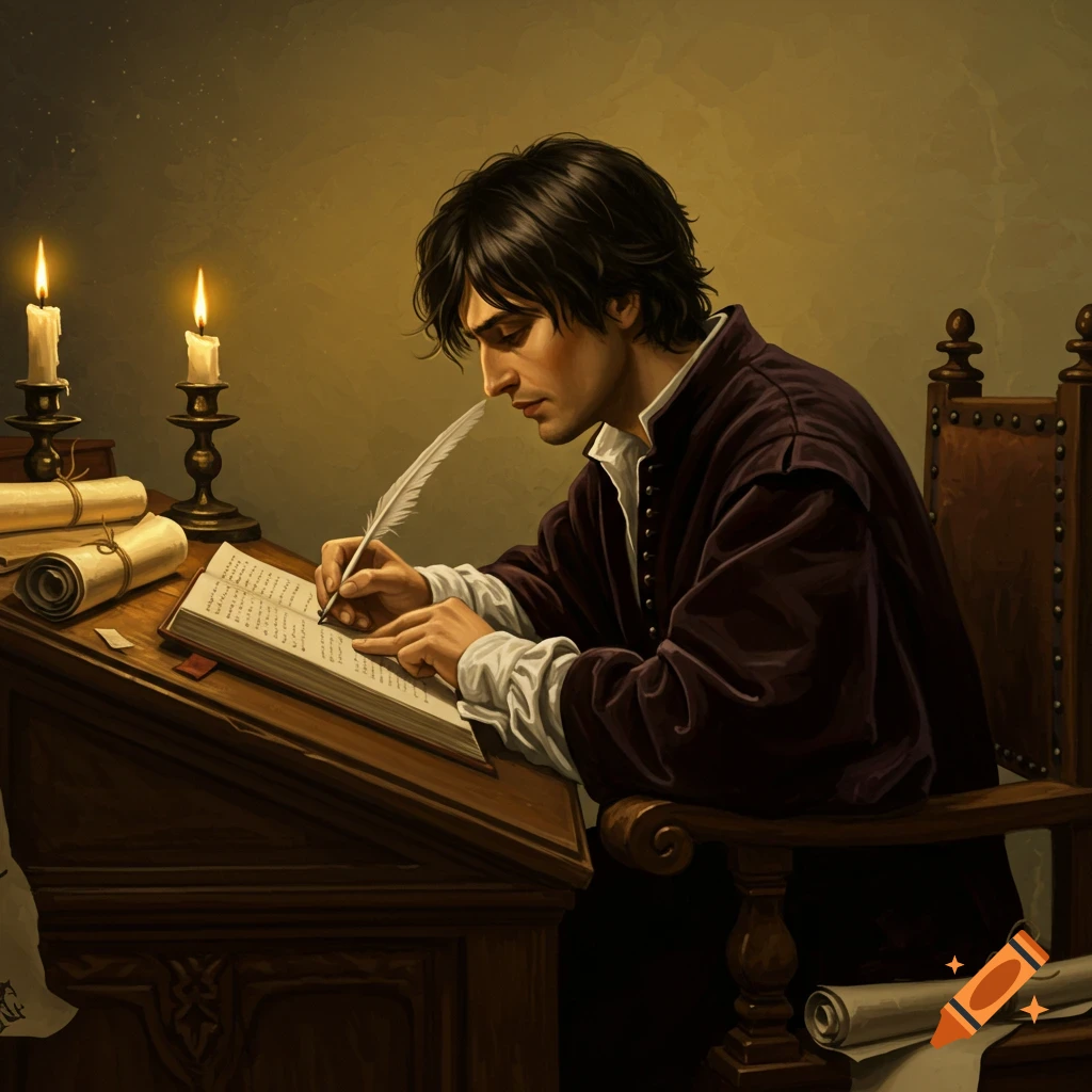 A man writing with a quill in a book by candlelight