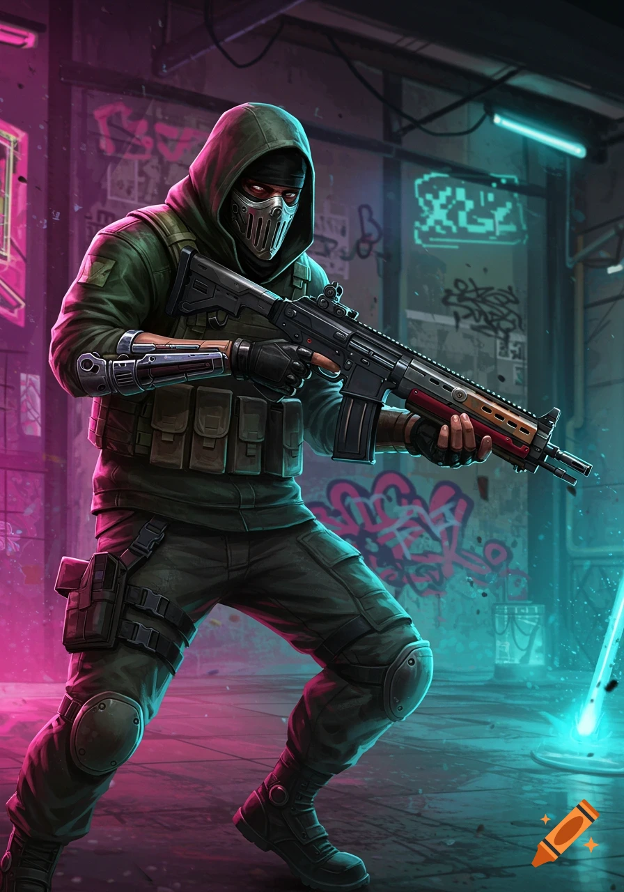 A masked figure in tactical gear holds a rifle in a neon-lit urban alleyway with graffiti.