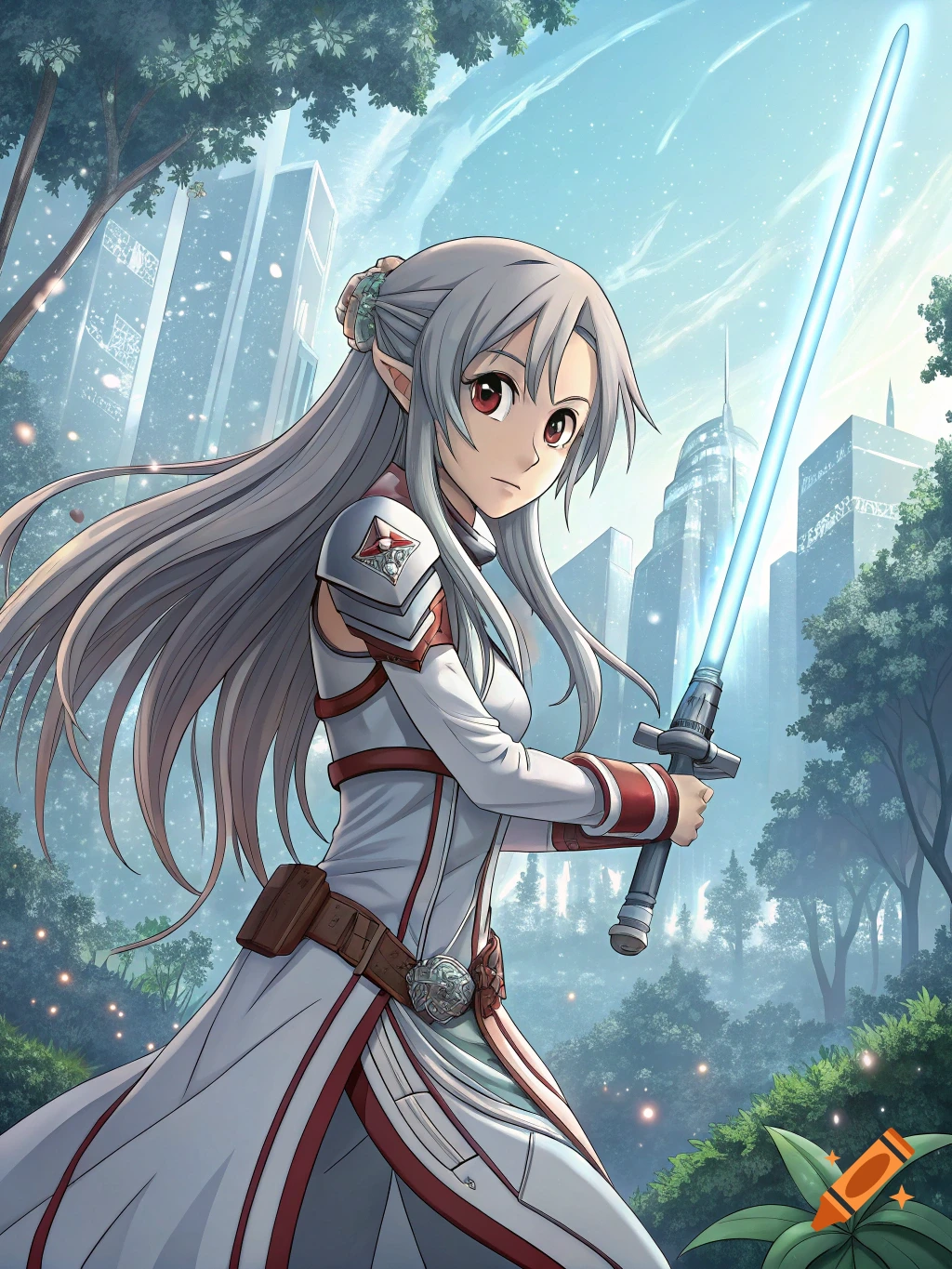 Anime girl in fantasy armor holding a glowing blue sword in a forest with city buildings.