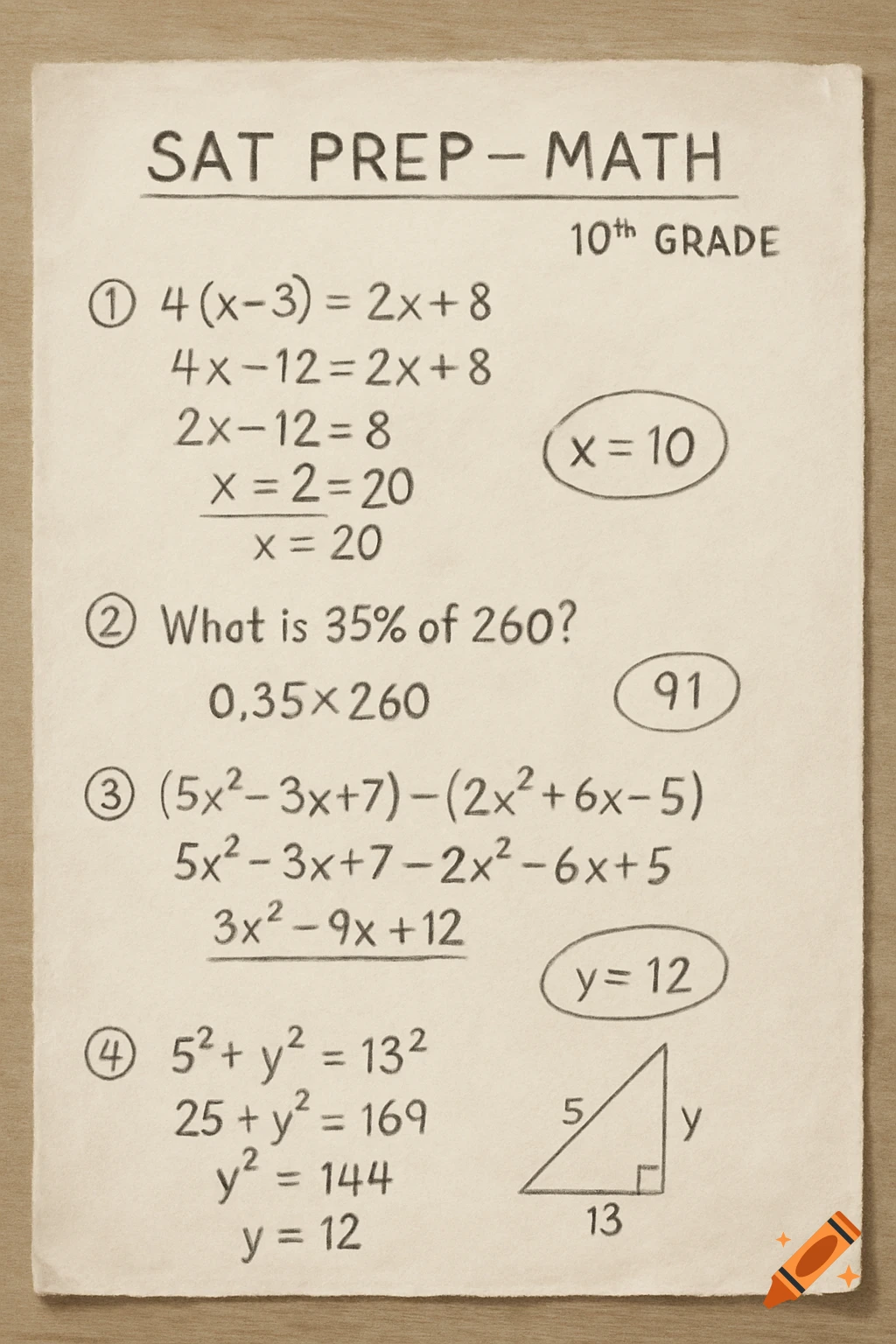 A piece of paper with handwritten math problems, solutions, and the title "SAT PREP - MATH 10th GRADE".