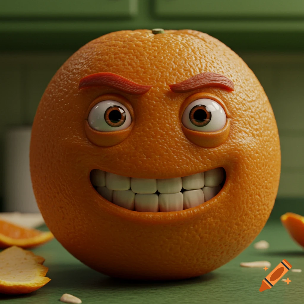 A cartoon orange character with a wide smile sits on a table with orange peels.