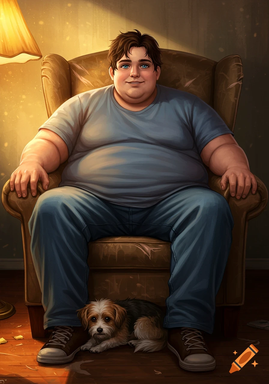 A large man sitting in an armchair with a small dog at his feet.