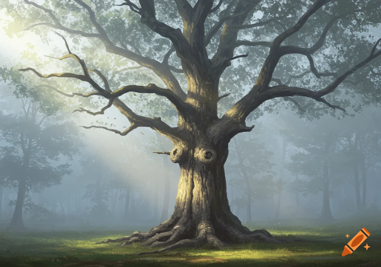 An old tree stands in a foggy forest with sunlight breaking through