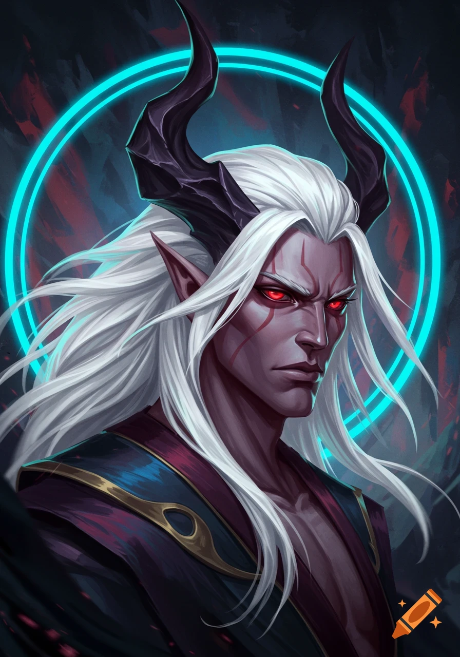 Portrait of a horned man with white hair, red eyes, and tribal markings, with a blue neon ring behind him.