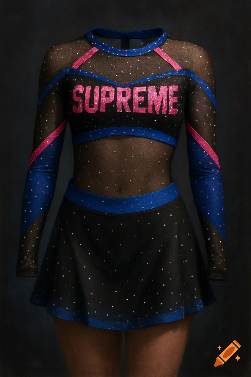 Person wearing a black cheer uniform with mesh, blue, and pink details, and 'SUPREME' in pink sparkles.