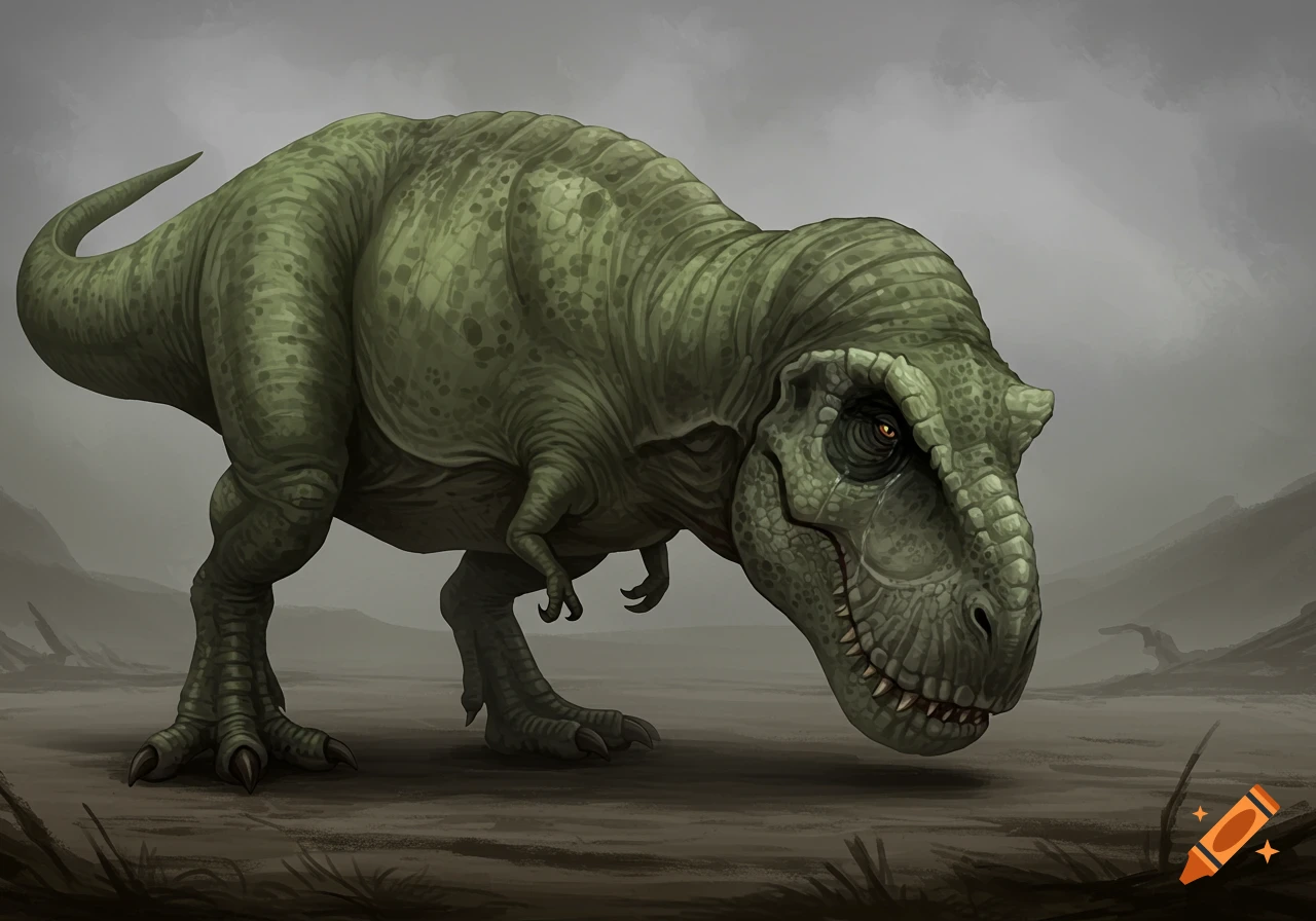 A green T-Rex looks sad in a prehistoric landscape.