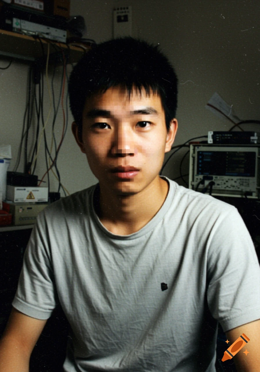 A young man with a pixelated face sits in a messy office or lab setting.