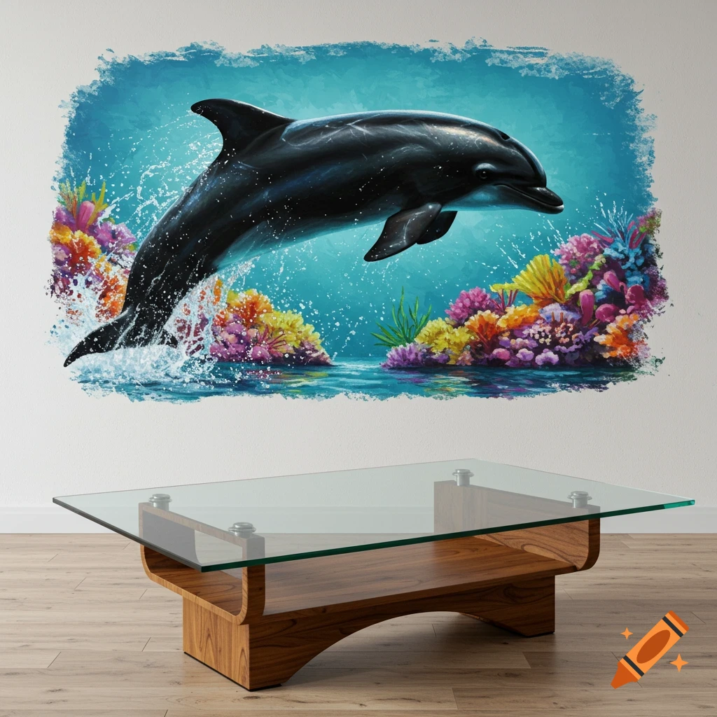 Dolphin jumping out of water with coral, as a wall art piece above a glass coffee table.