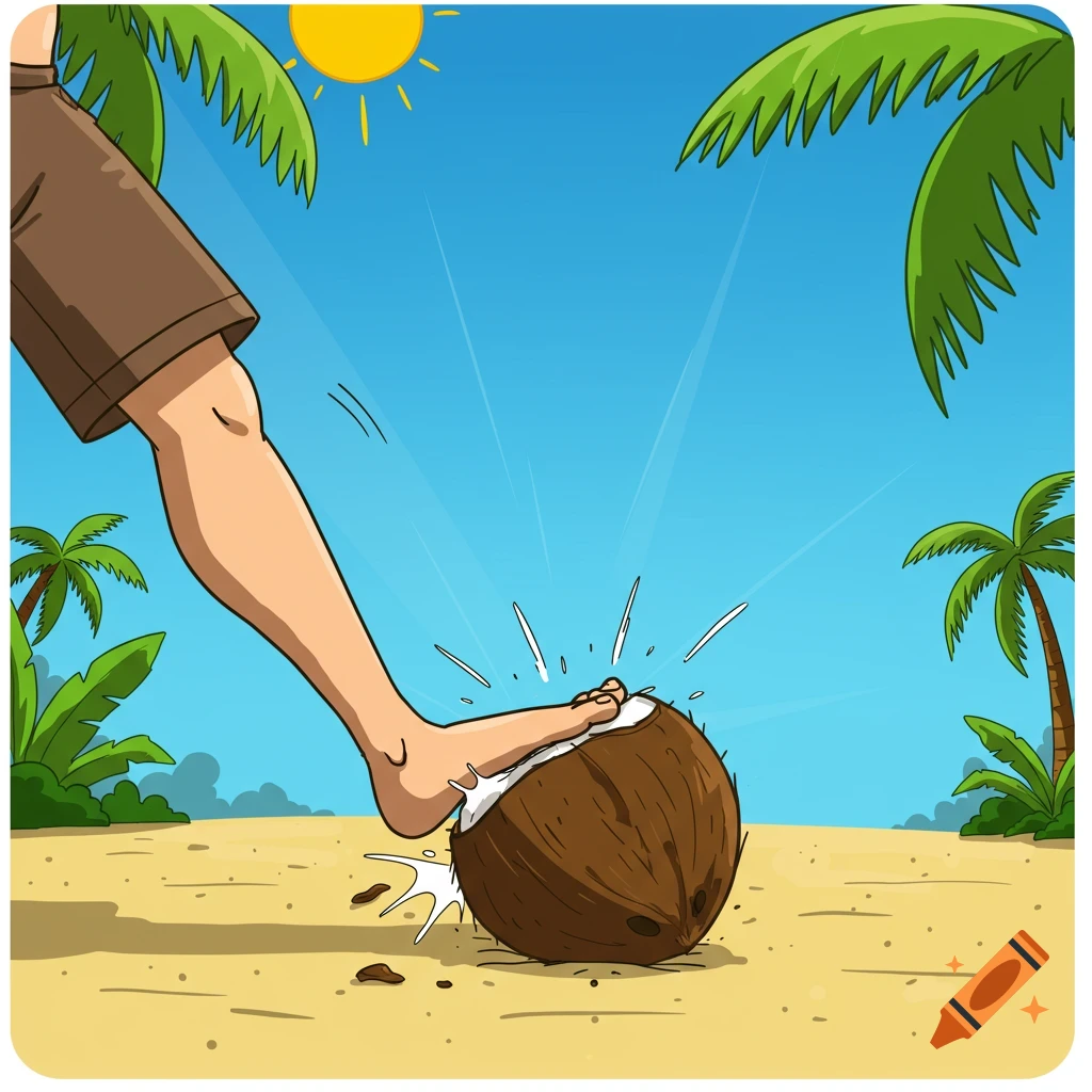 Cartoon foot steps on a coconut, splashing liquid, on a beach. Clipart style.