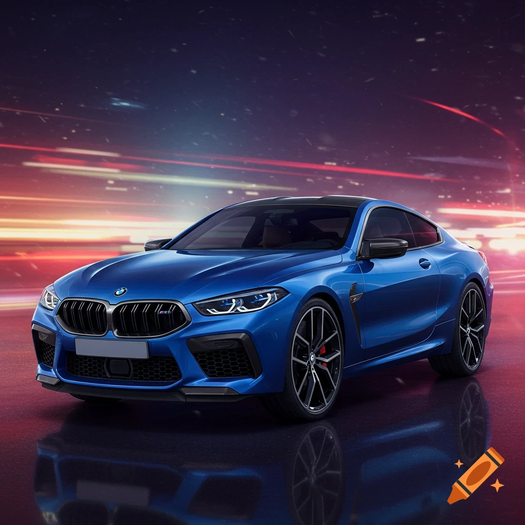 Blue BMW M8 car on a reflective surface with a blurred city lights background