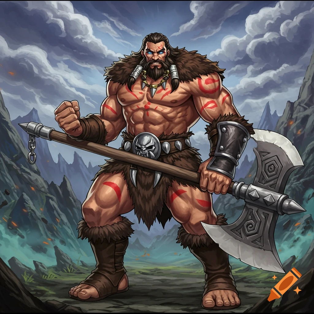 Illustrative portrait of a muscular barbarian warrior with red tribal markings holding a large axe in a mountain landscape.