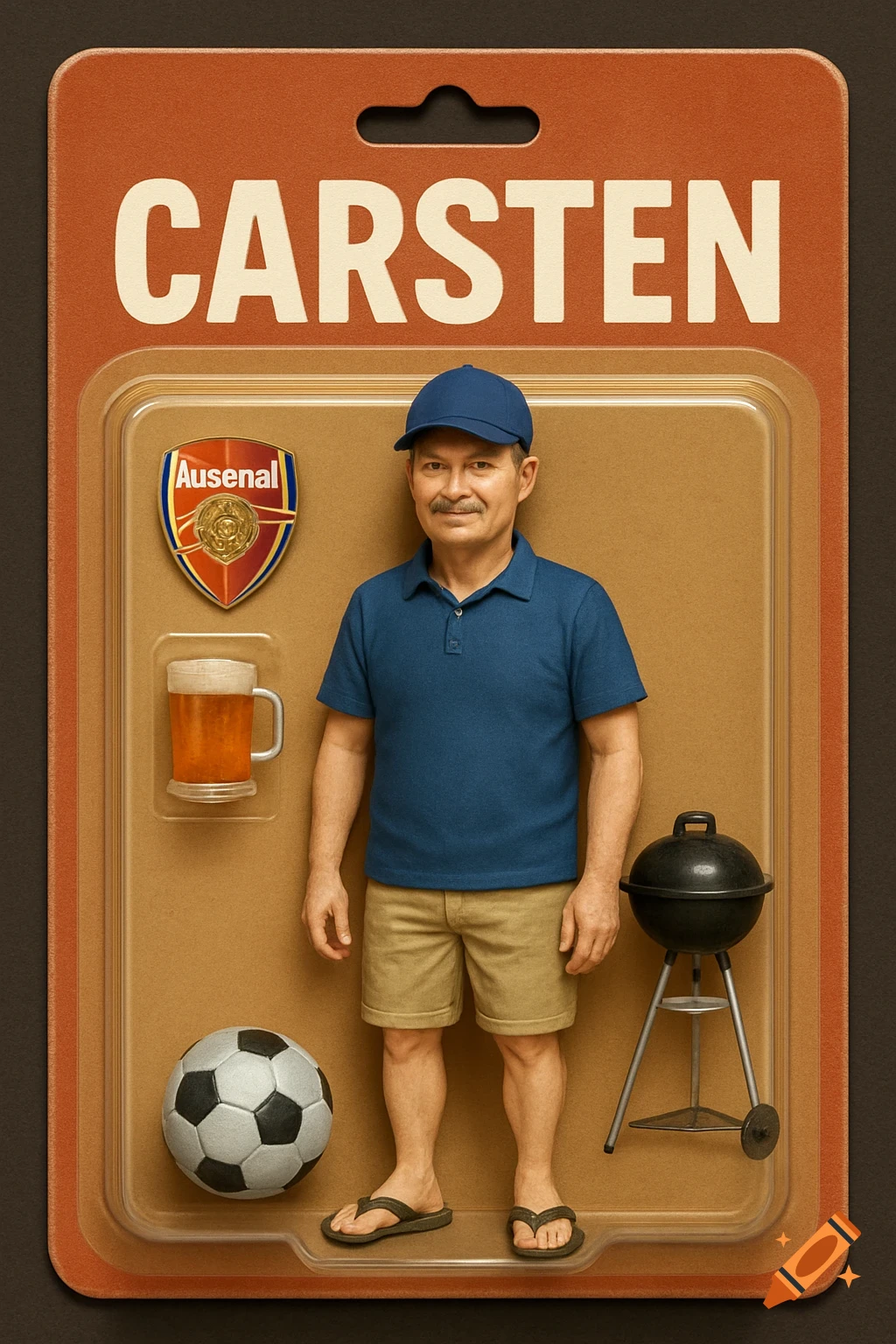 Realistic rendering of a 'Carsten' action figure in blister packaging, with accessories including a soccer ball, beer mug, and grill.