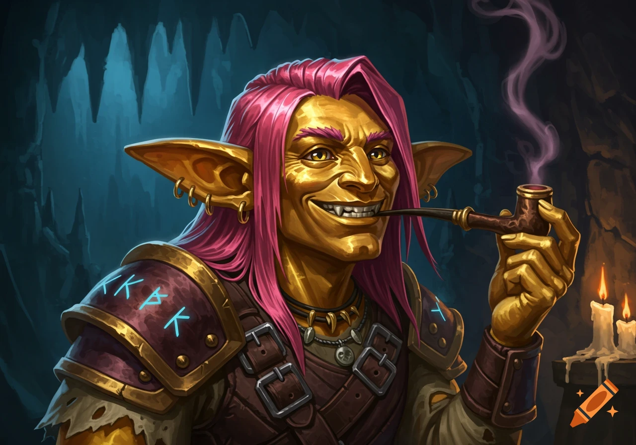 A fantasy creature, a hobgoblin with gold skin and pink hair, smokes a pipe in a cave.