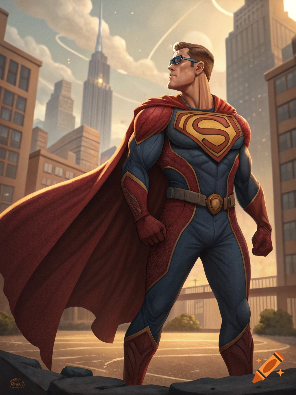 Superhero in red cape and blue suit with S symbol standing in a city.