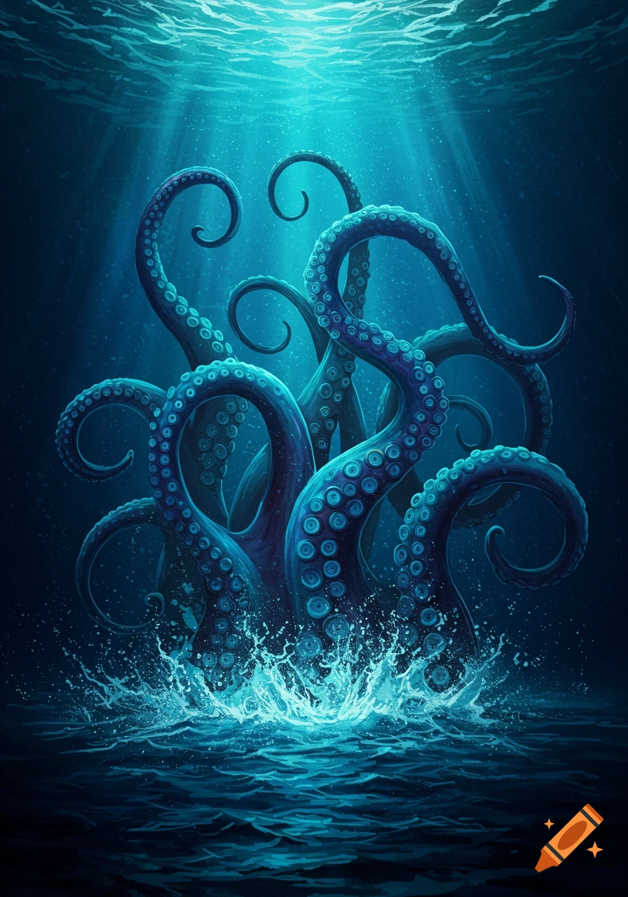 Large purple octopus tentacles emerge from dark blue ocean water with splashes and rays of light from above.
