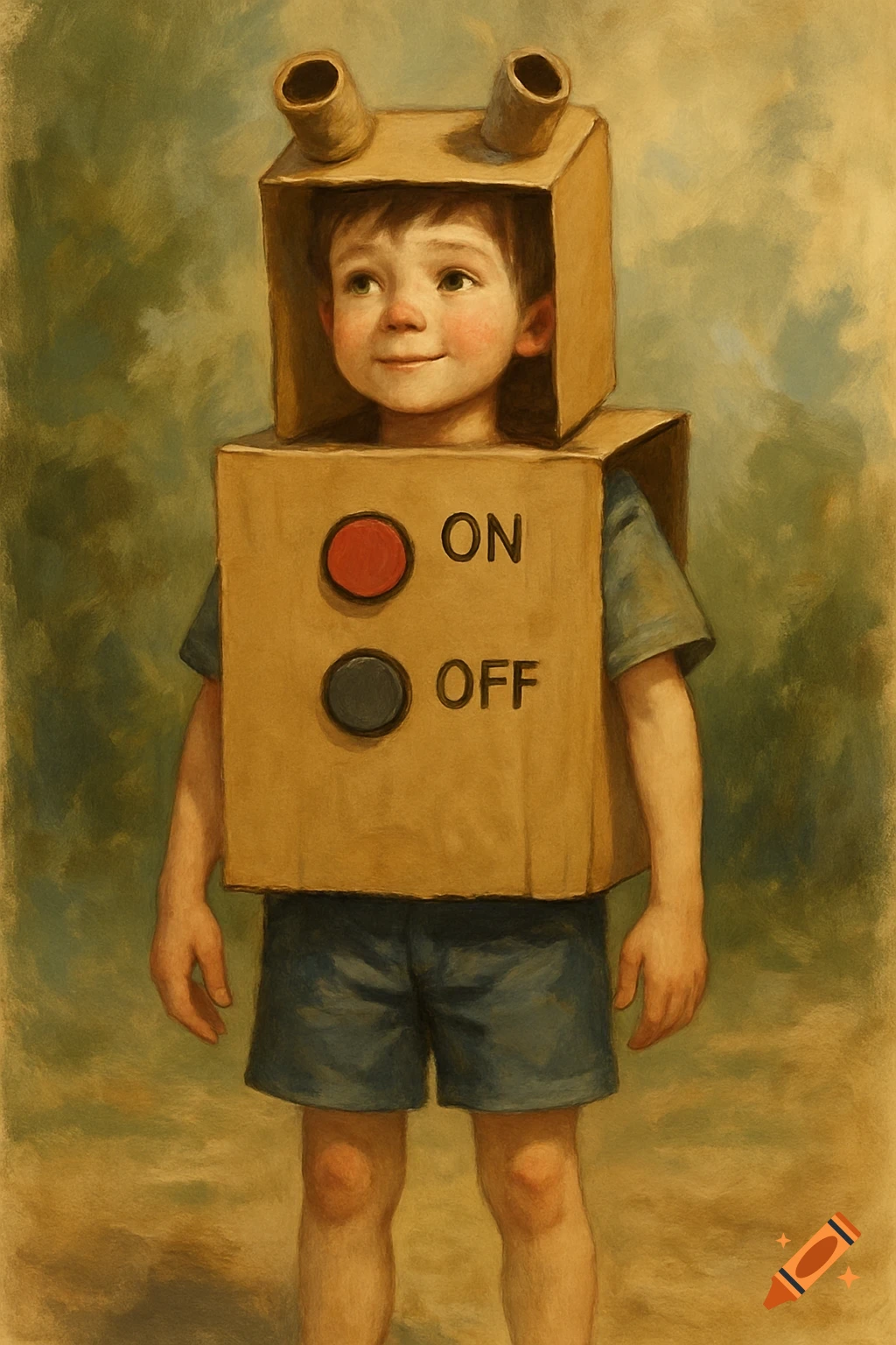 A boy in a cardboard robot costume with ON and OFF buttons