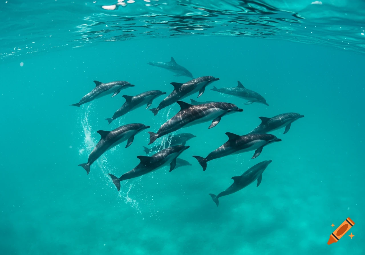 A pod of dolphins swimming in clear blue water
