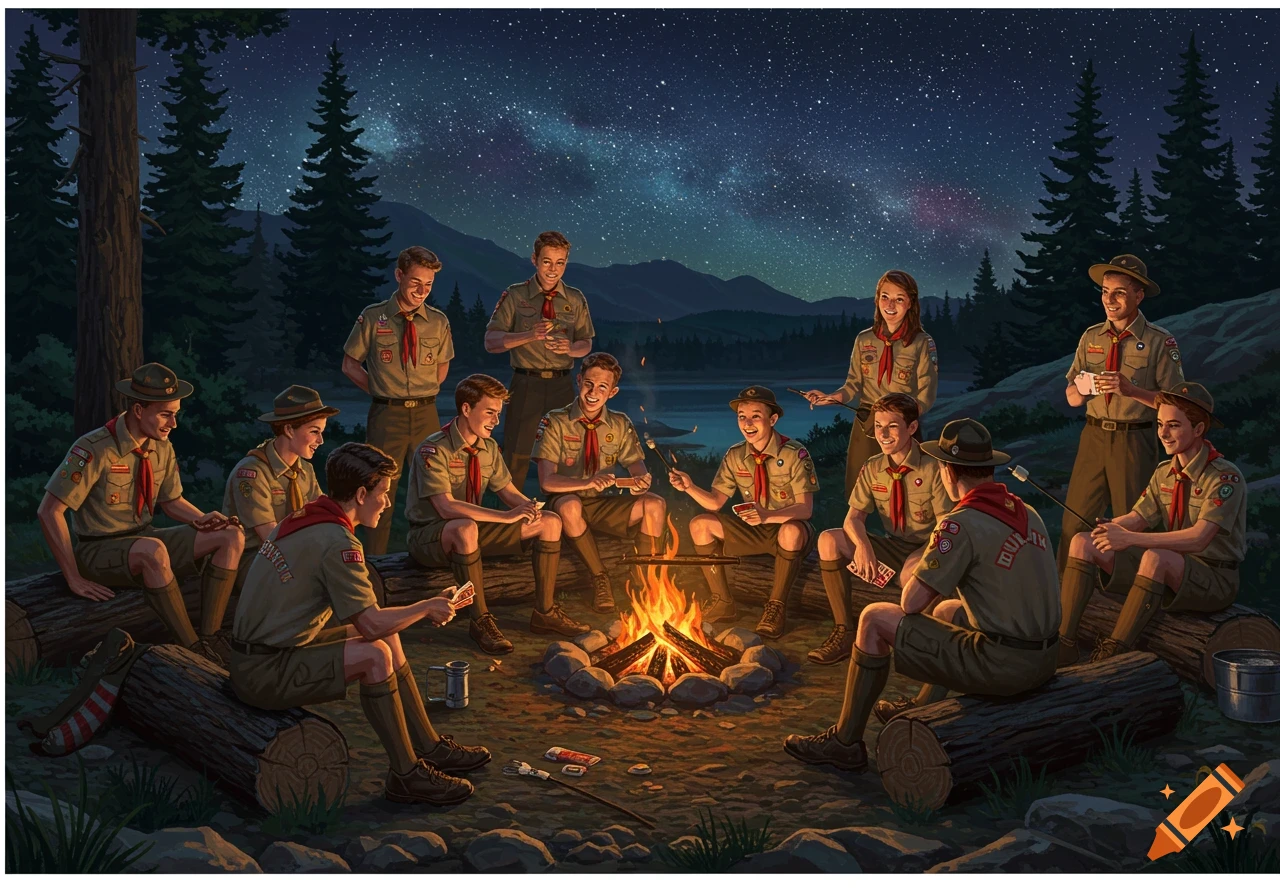 Scouts around a campfire under a starry night sky