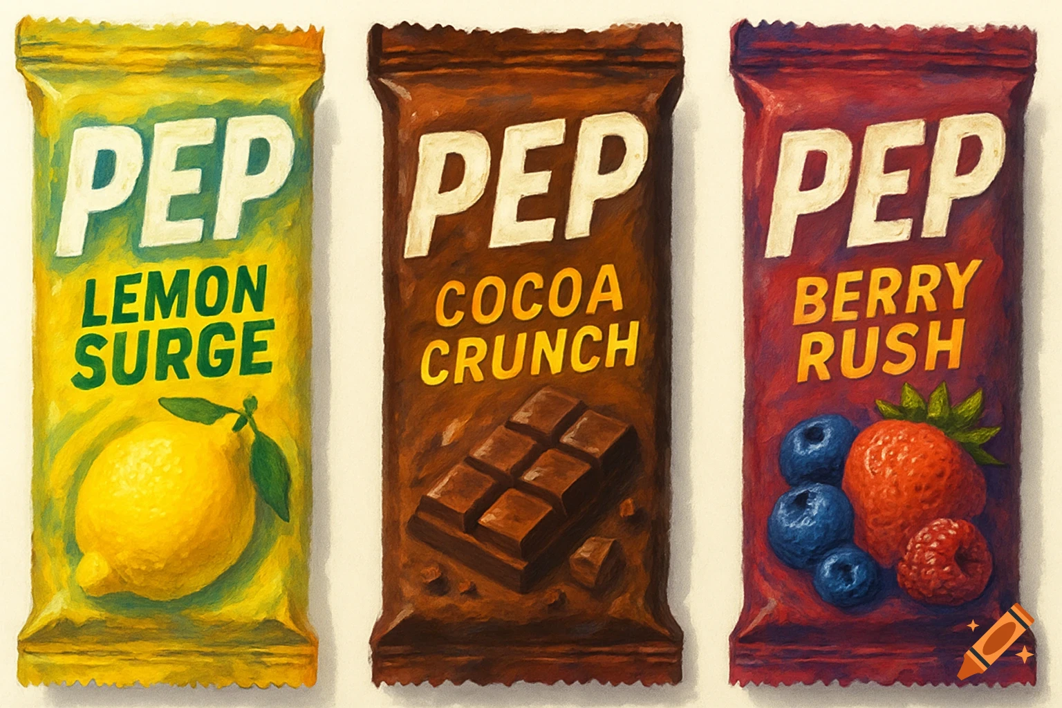 Three candy bar wrappers: yellow "Pep Lemon Surge" with a lemon, brown "Pep Cocoa Crunch" with chocolate, and red "Pep Berry Rush" with berries.