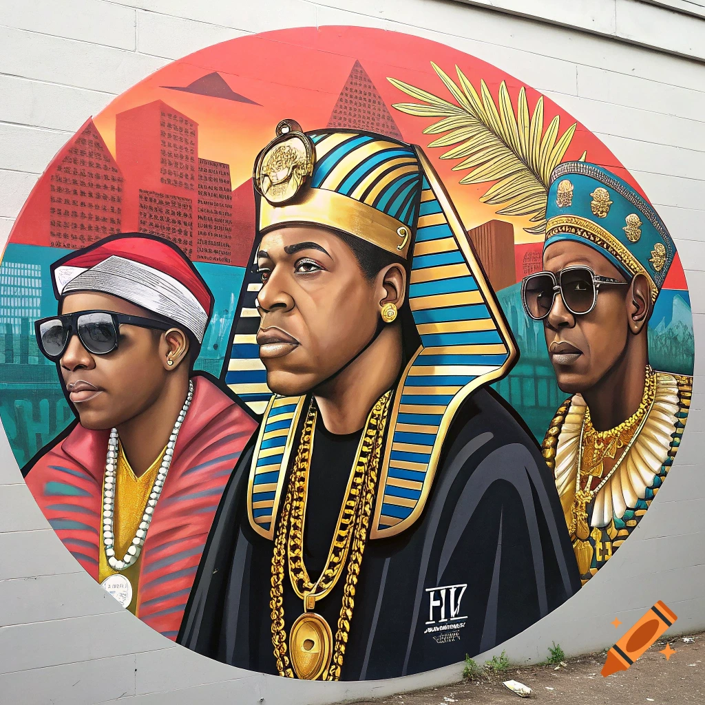 Mural of three figures in Egyptian pharaoh/hip hop fusion style against city/pyramid background.