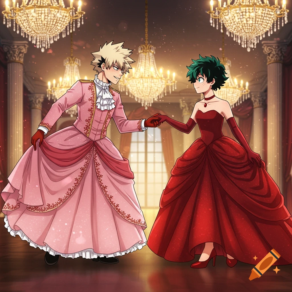 Anime characters Bakugou and Midoriya in pink and red ball gowns dance in a grand ballroom.