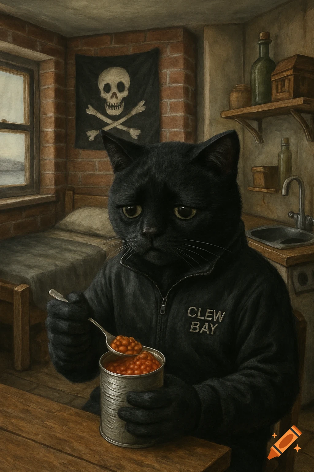 Painting of a sad black cat in a black jacket eating beans from a can in a pirate-themed room.