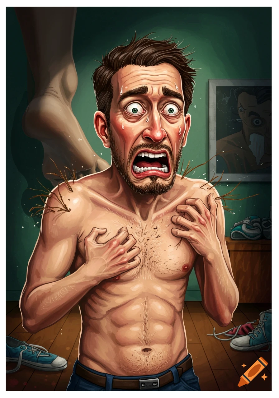 A terrified man recoils from a giant foot stepping near him.