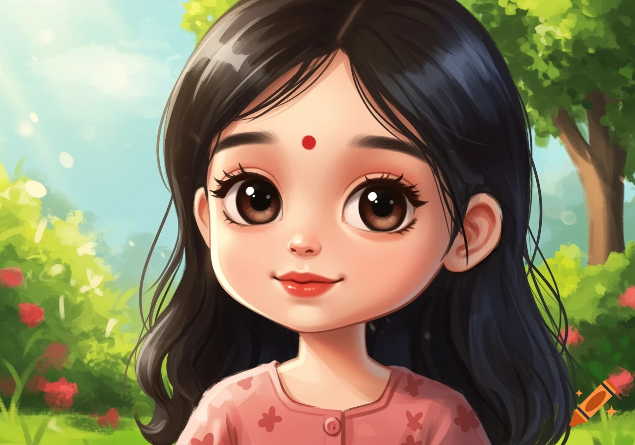 Whimsical anime portrait of a cute girl with dark hair in a sunny park