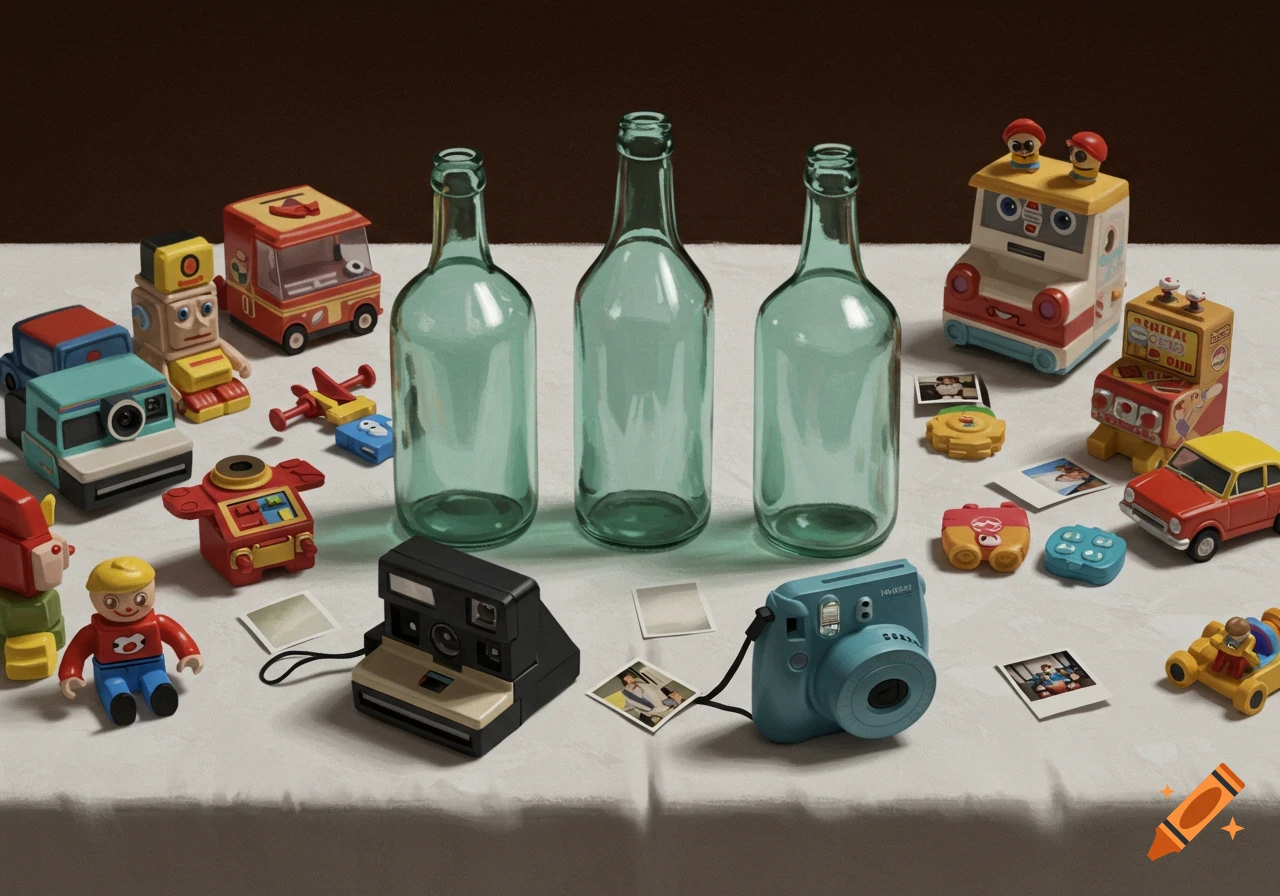 Vintage toys, glass bottles, and cameras are arranged on a table.