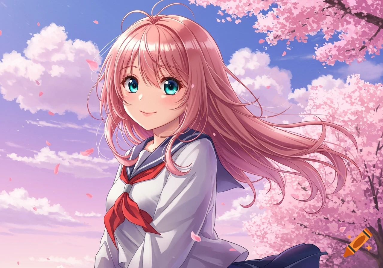 A girl with pink hair and blue eyes smiles under cherry blossoms.