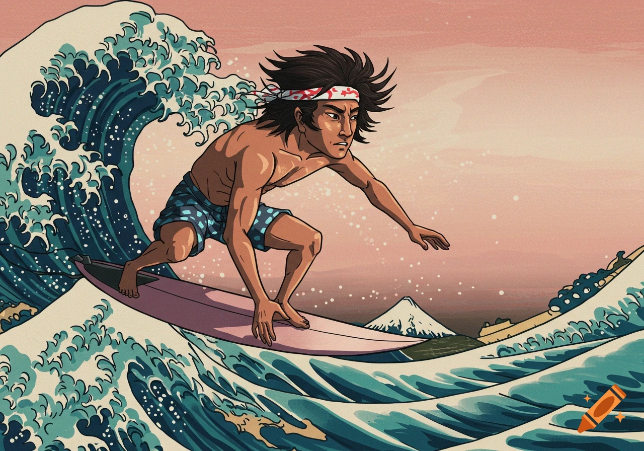 A surfer rides a large wave, in the style of The Great Wave off Kanagawa.