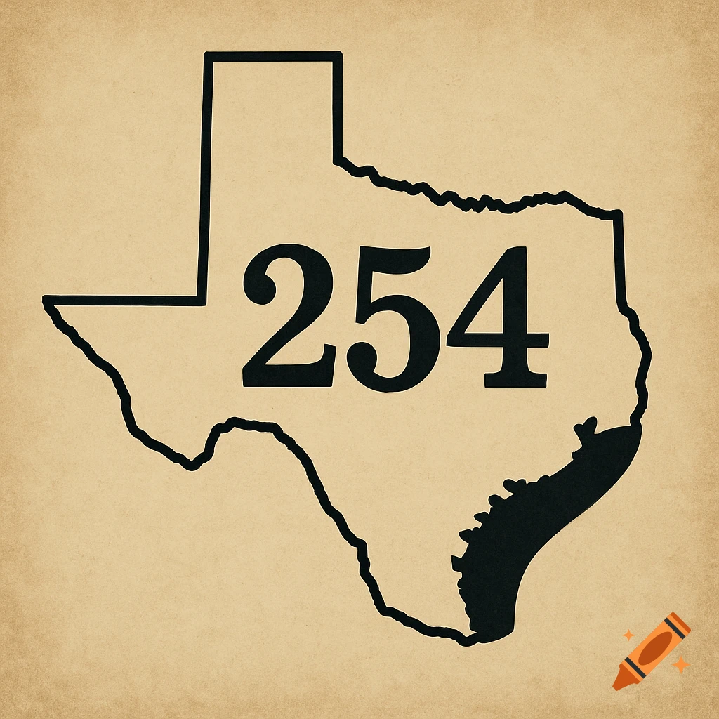 Outline map of Texas with the number 254 inside on a textured background.