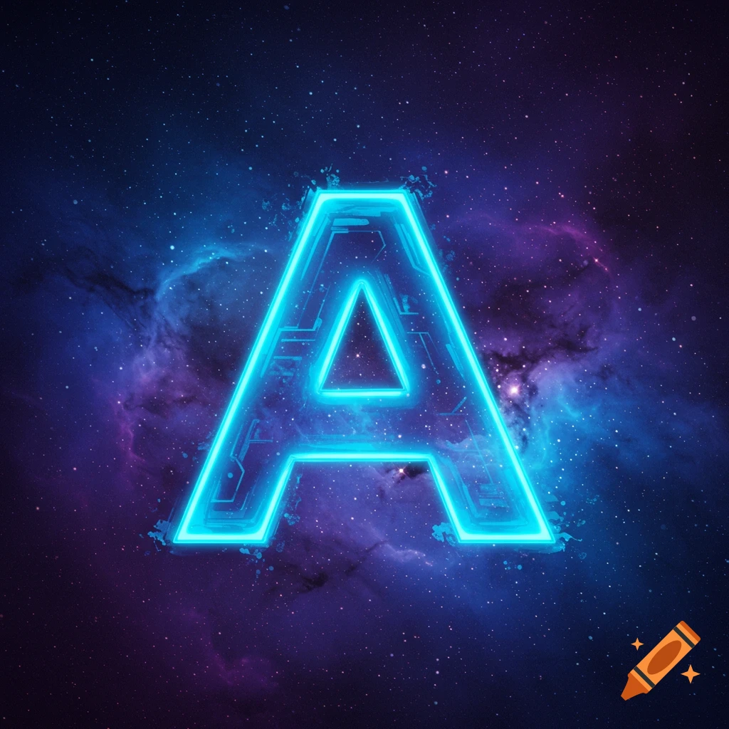 Glowing blue futuristic letter A with circuit patterns against a space background.