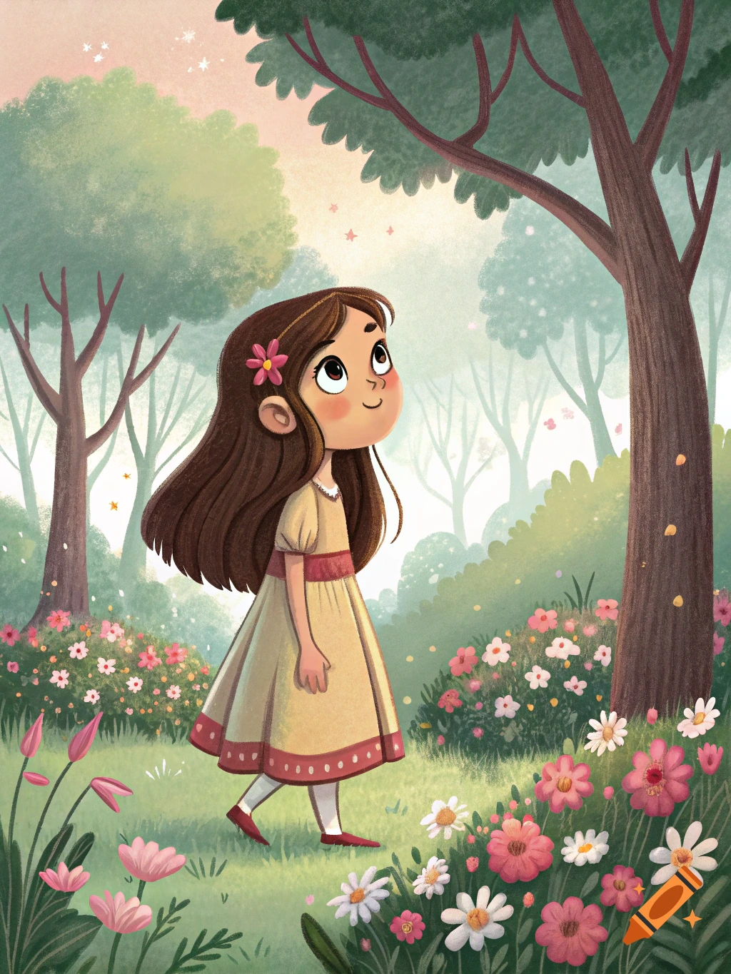 Whimsical illustration of a young girl in a yellow dress walking through a colorful forest filled with flowers