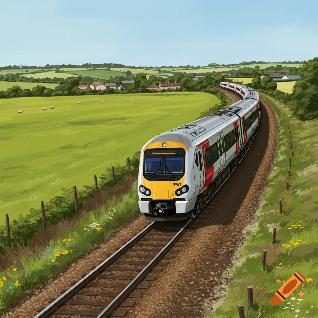 A train moving through a green countryside landscape.