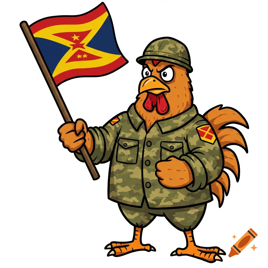 Cartoon rooster in military uniform holding a historical flag.