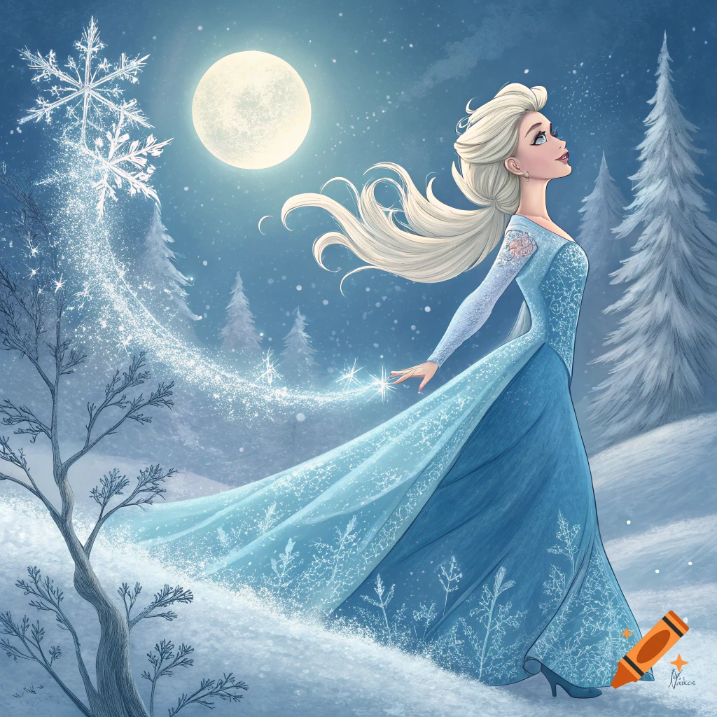 Elsa casting ice magic in a snowy winter forest under a full moon.