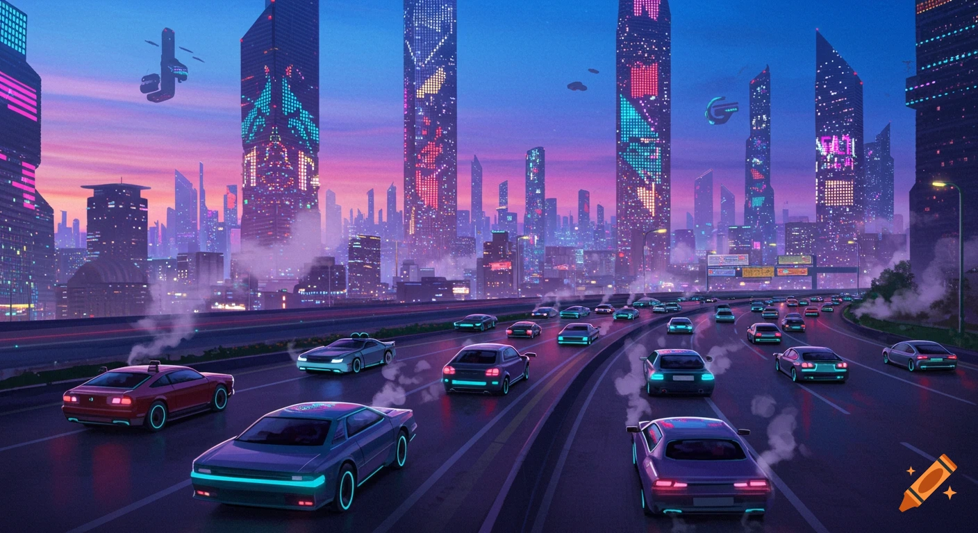 Futuristic city highway with self-driving cars and neon skyscrapers at dusk.