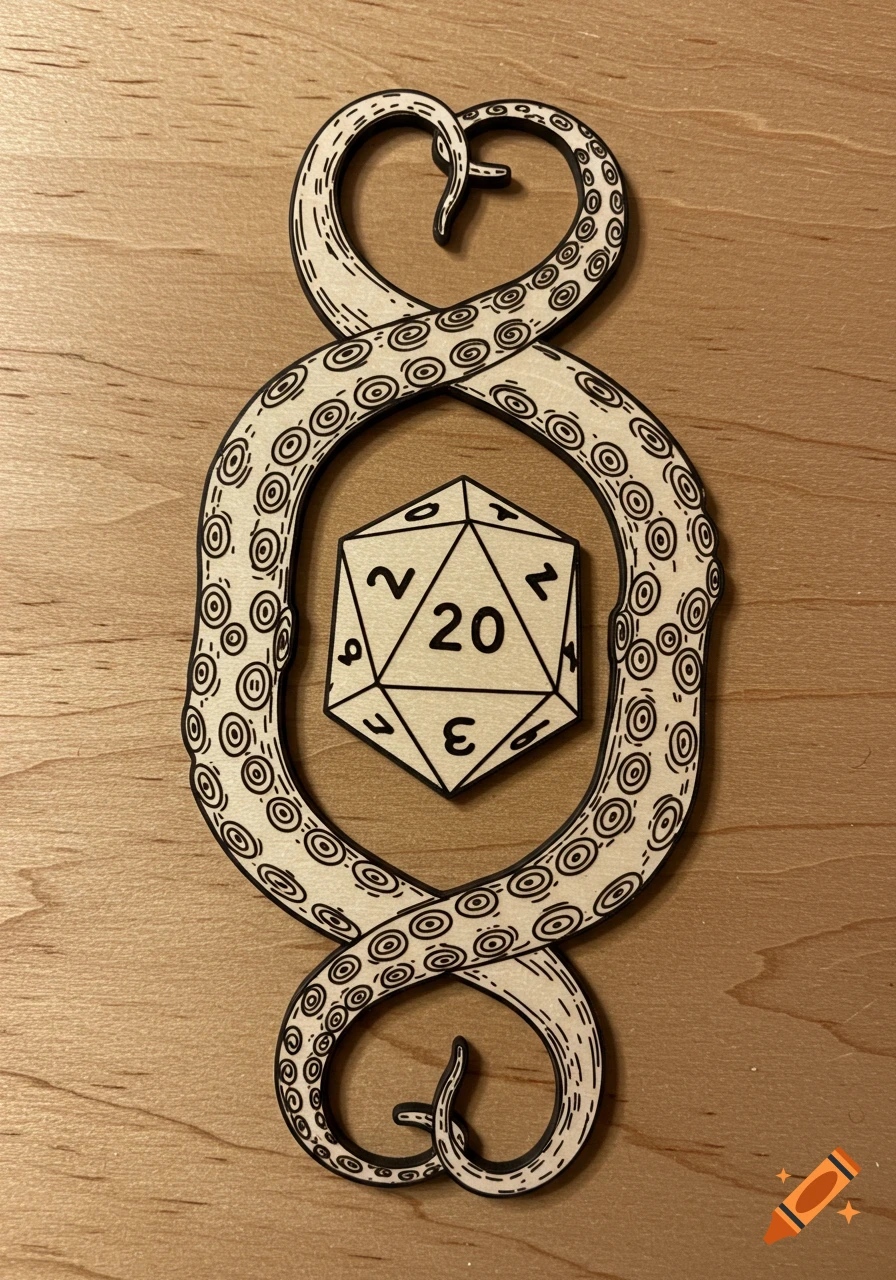 Illustration of two tentacles wrapping around a D20 die.
