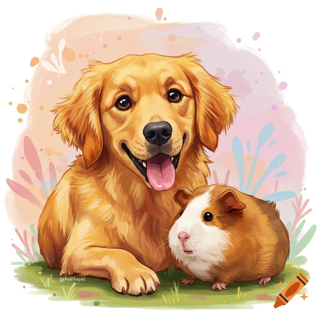 A golden retriever dog and a guinea pig sitting together on grass.