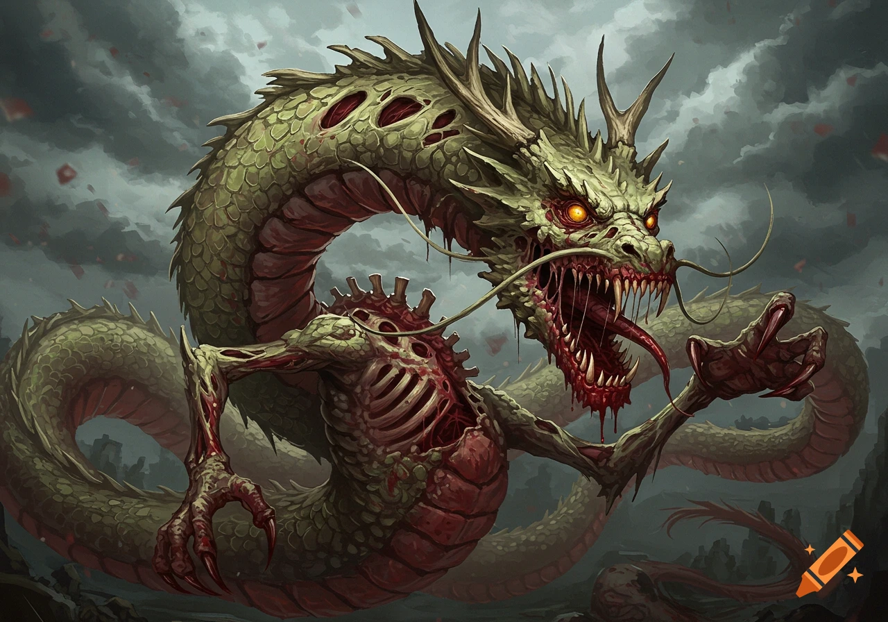 Green and red zombie Chinese dragon with exposed ribs against a stormy sky.