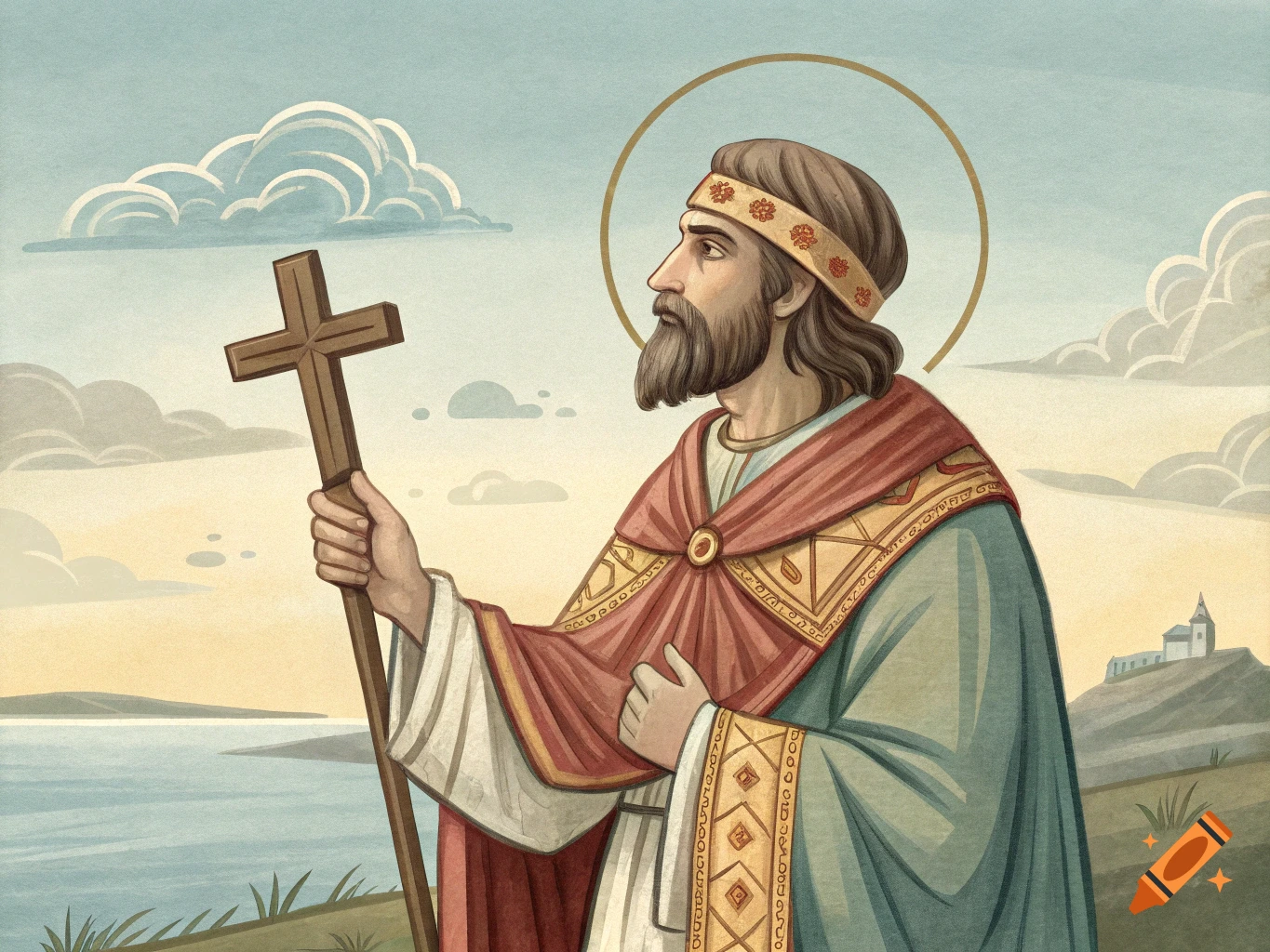 Illustration of a saint with halo holding a cross against a landscape background.