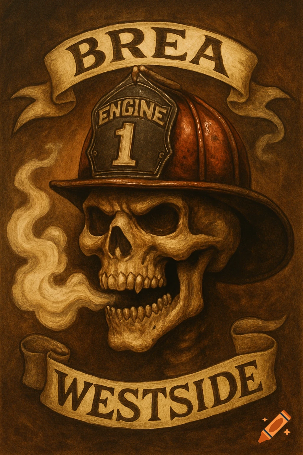 Illustration of a skull in a firefighter helmet exhaling smoke, with banners saying 'Brea Engine 1' and 'Westside'.
