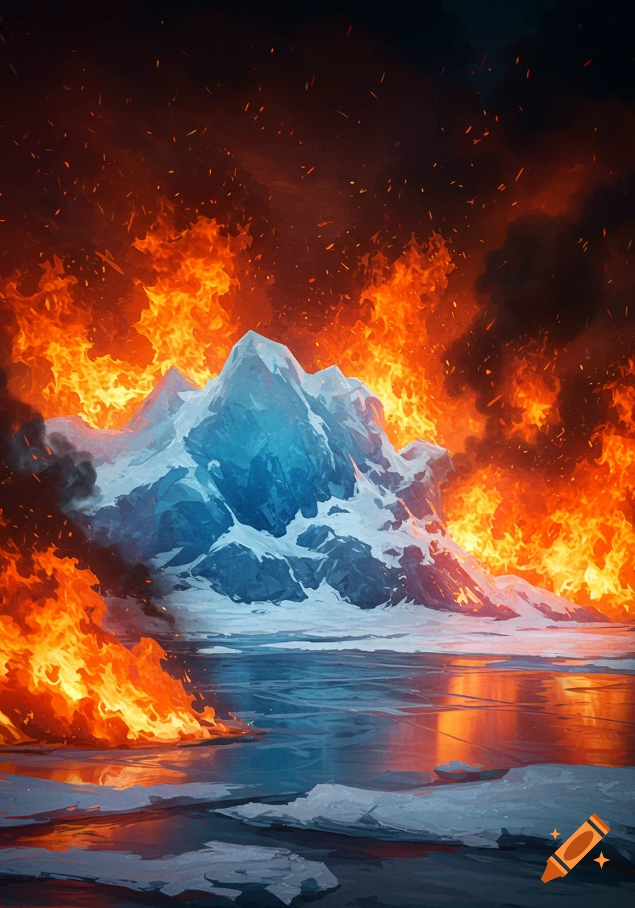 A mountain of ice surrounded by intense fire and sparks over a frozen lake in a dramatic art style.