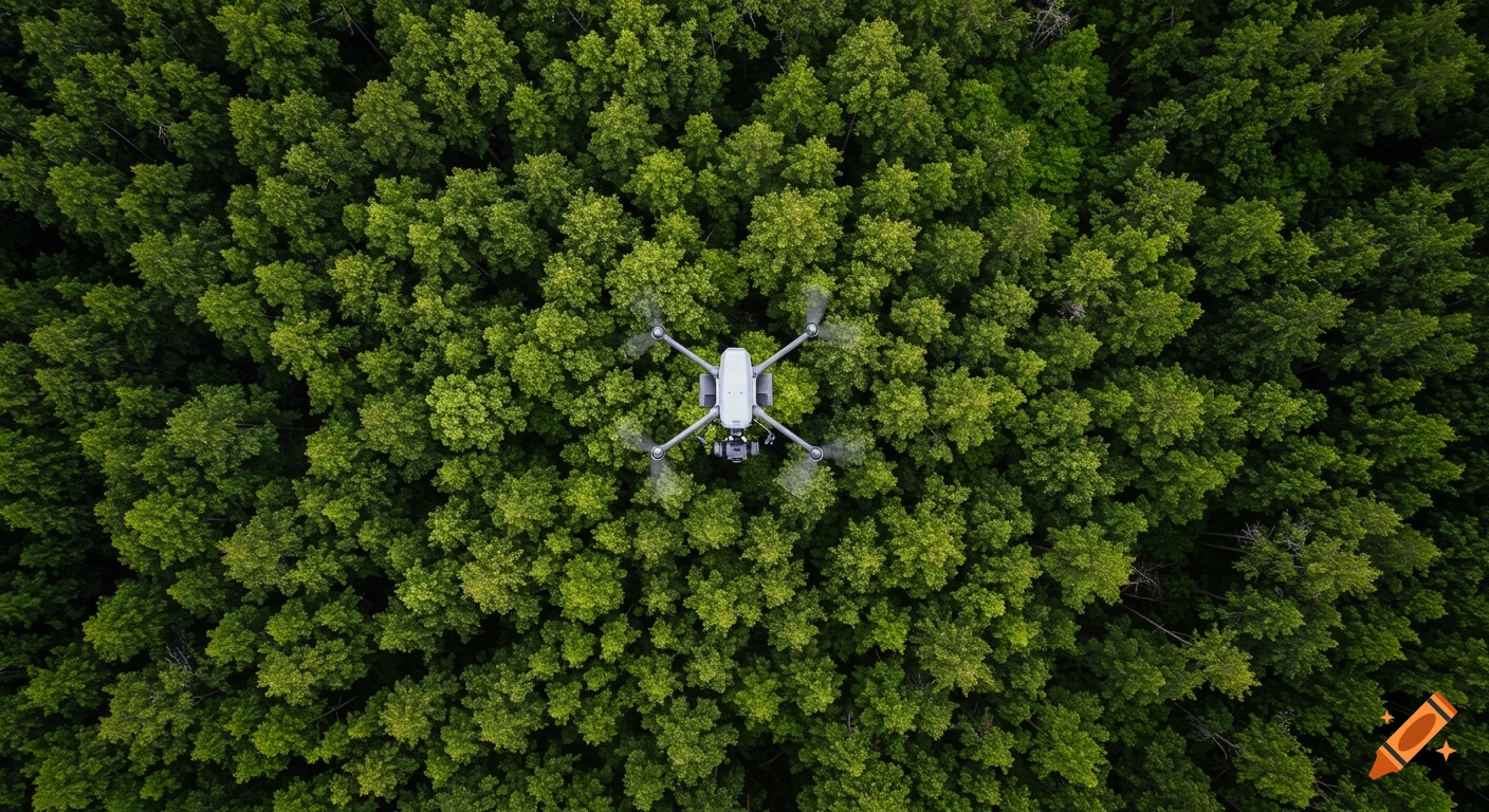 Aerial view of a white drone flying above a dense green forest.