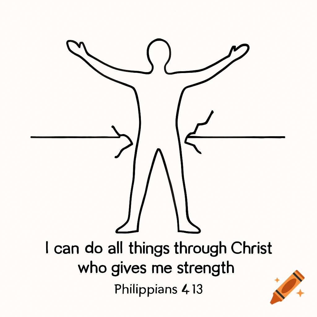 Minimalist line drawing of a person breaking through barriers, with the quote 'I can do all things through Christ who gives me strength Philippians 4 13'.