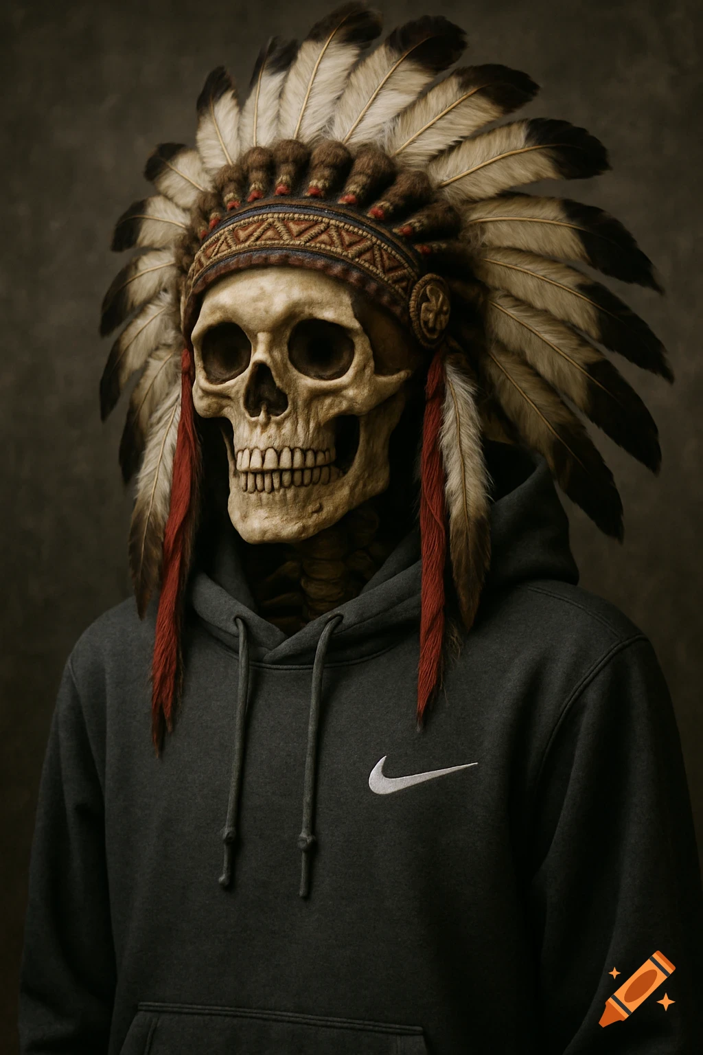 A skeleton wearing a Native American chief's headdress and a dark hoodie with a white swoosh logo.