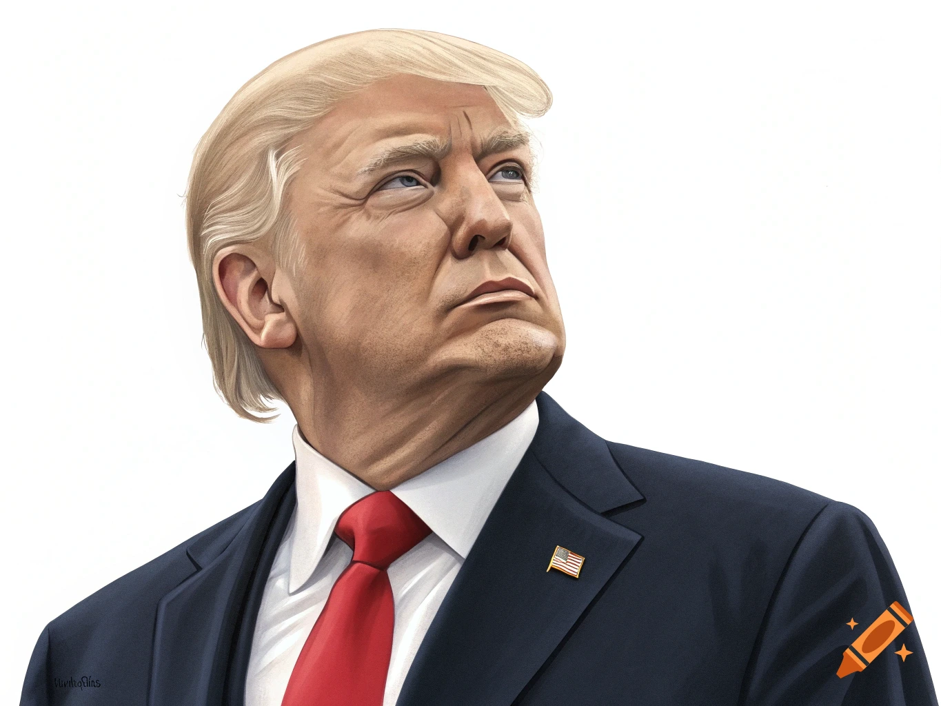 Illustration of Donald Trump in a suit, looking up.