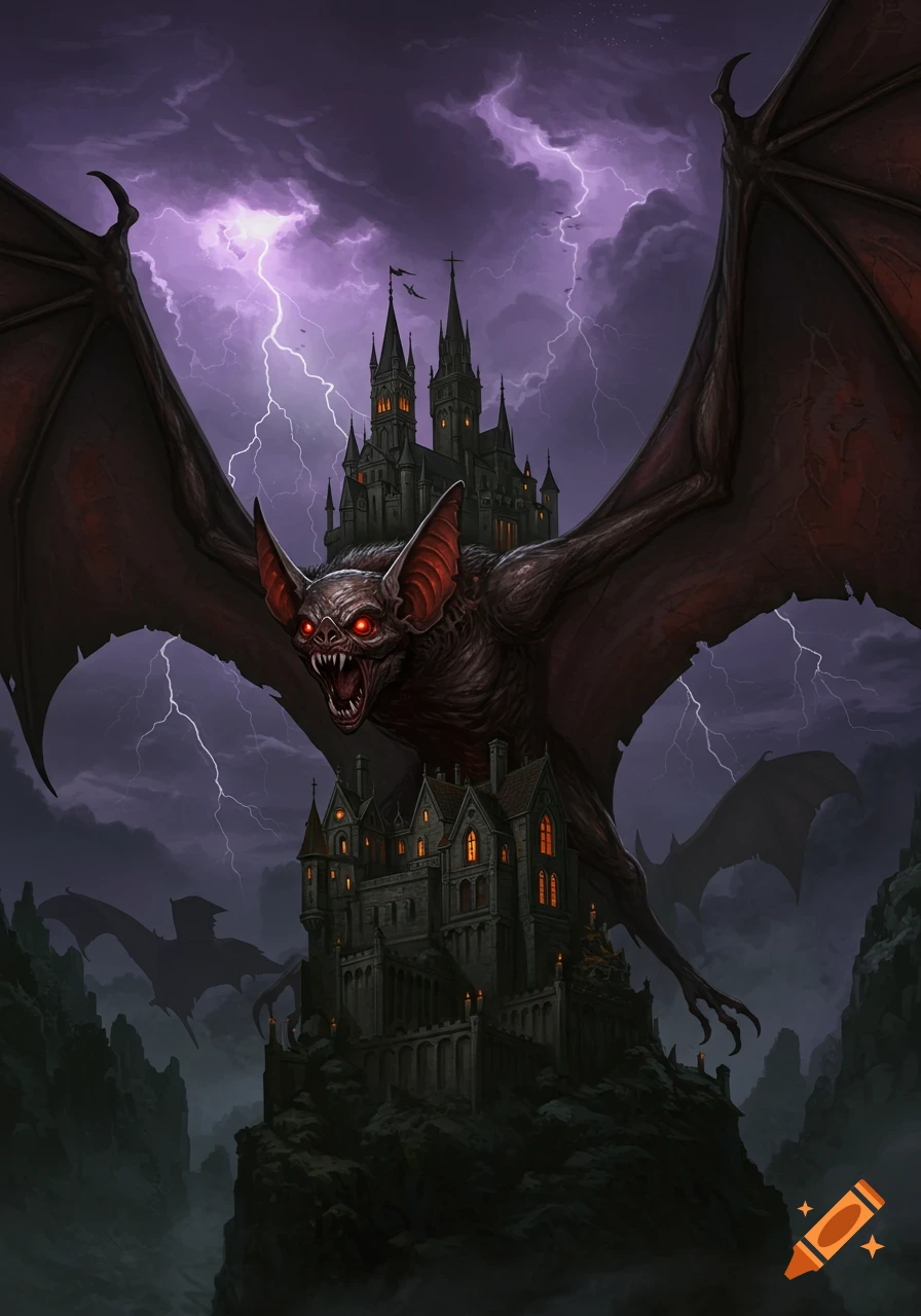 Giant bat monster with a castle on its back flies in a stormy sky.